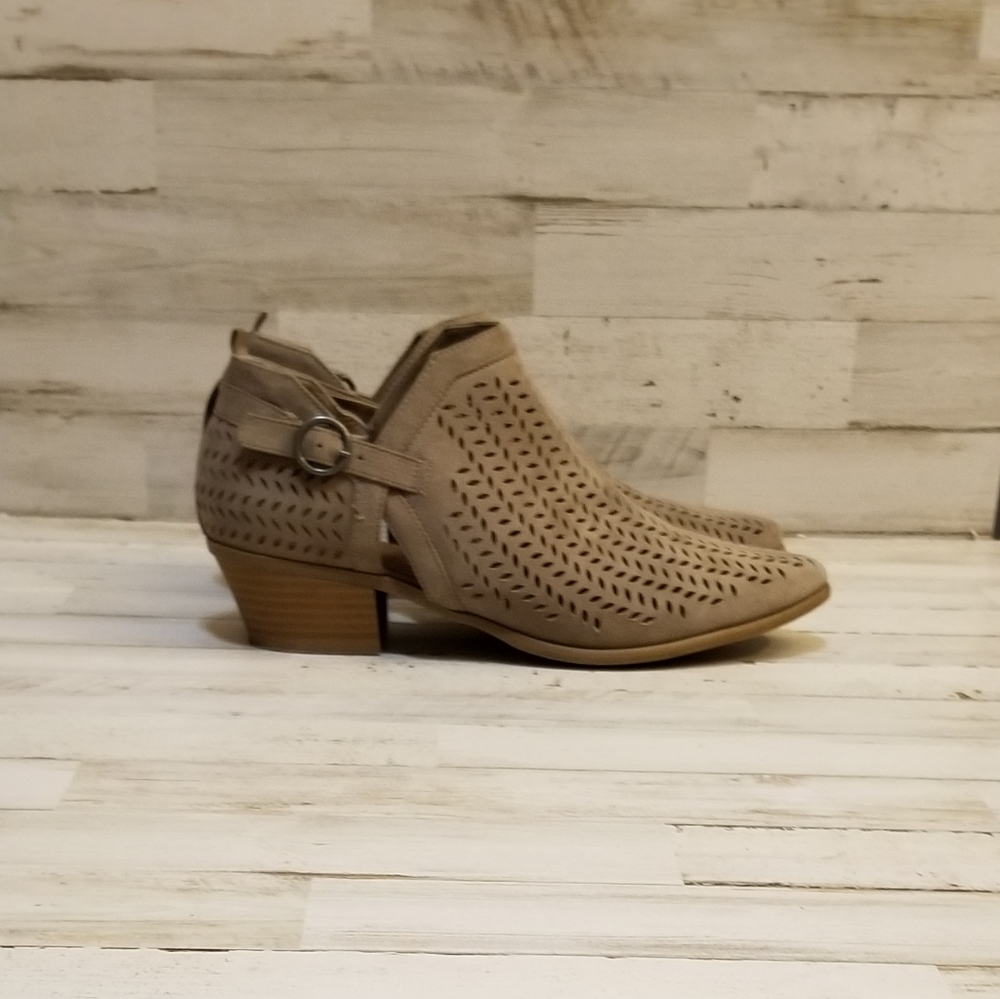 Perforated Taupe Ankle Booties with Side Buckle